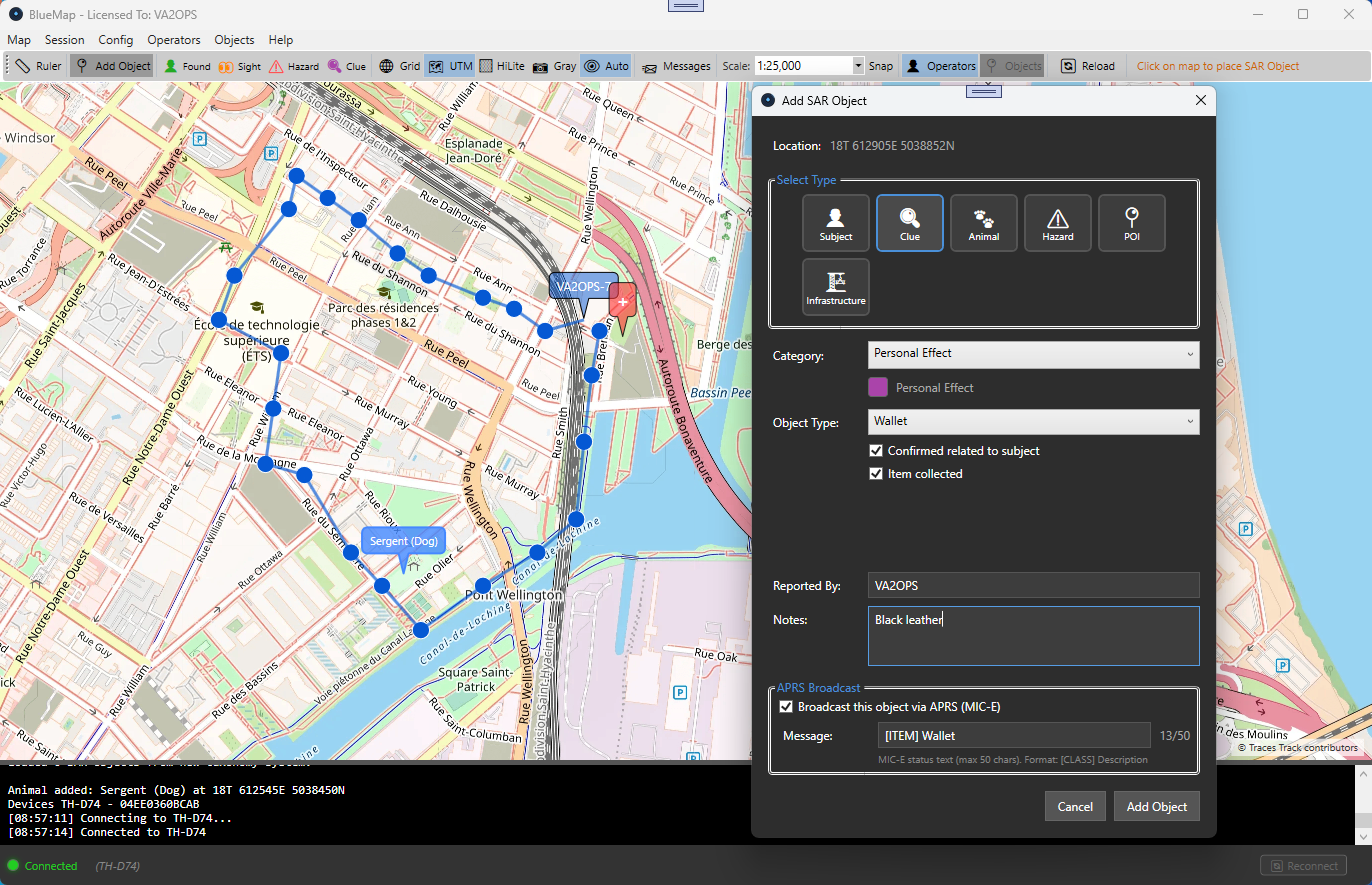 BlueMap application — SAR object management with APRS tracking on interactive map